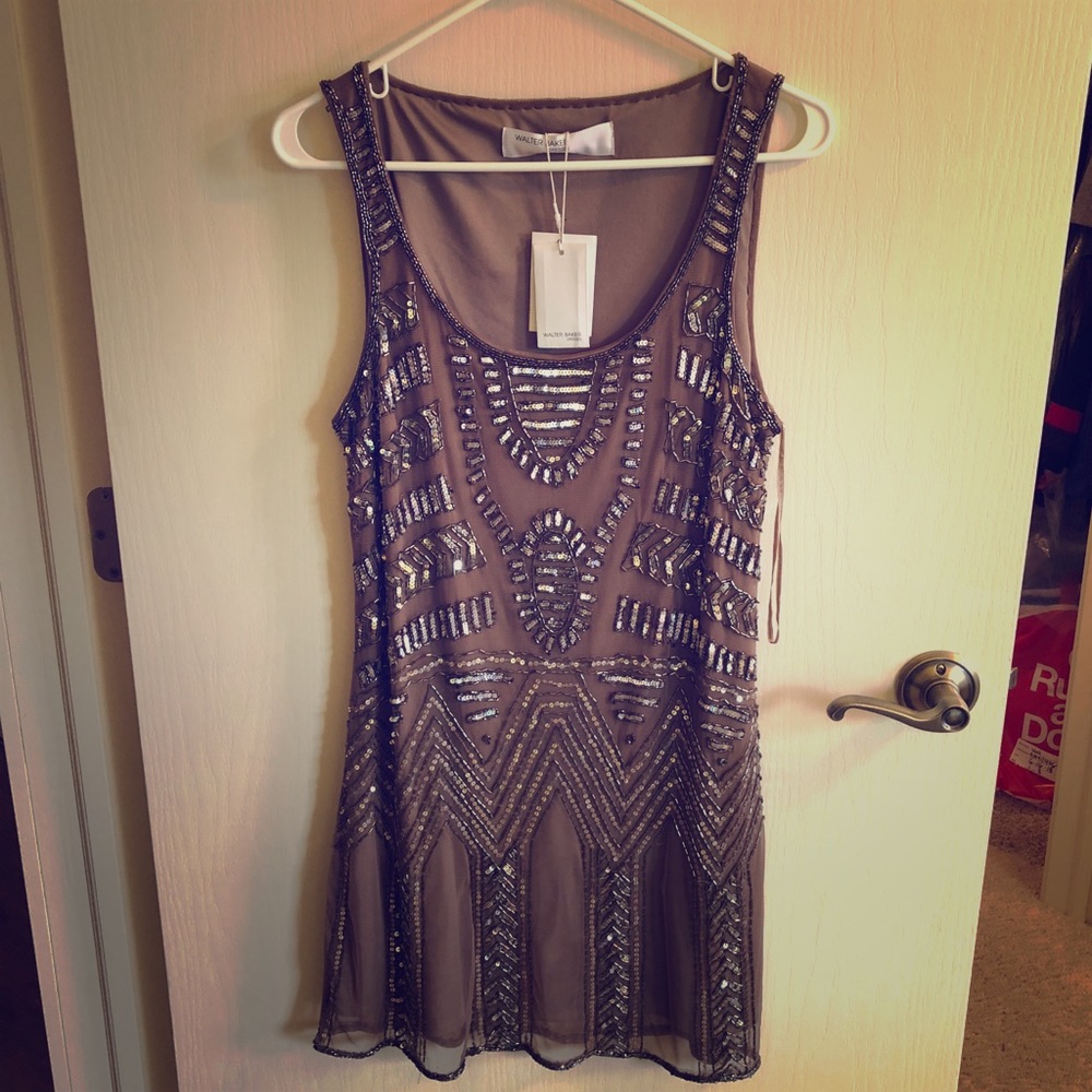 Taupe Beaded Dress Gatsby Flapper Style
